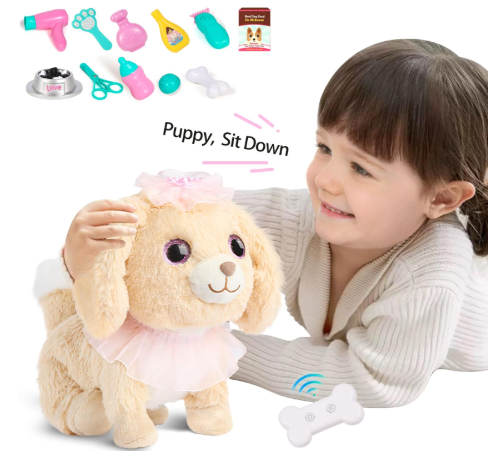 Kindenwinn Puppy Dog Toy for Girls 3+, Voice Activate, Walking, Sitting, Barking Golden Retriever Interactive Puppy with Accessories, Realistic Stuffed Animal Gift for Girls 3-6 Years Old