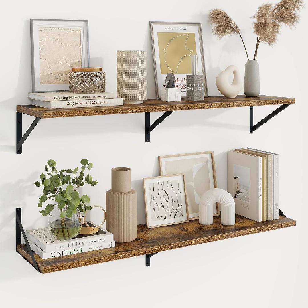 Deep Floating Shelves, 40'' x 10'' Brown Wall Shelves Set of 2 | 10 Inch Deep Shelves with Heavy Duty Brackets, Rustic Wood Shelves for Bathroom Living Room, Engineered Wood, 40LBS