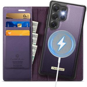 Wallet Case for Samsung Galaxy S25 Ultra Compatible with Magsafe, 2-in-1 PU Leather Flip RFID Blocking Card Holder Stand Shockproof Magnetic Detachable Cover for Galaxy S25 Ultra, Purple