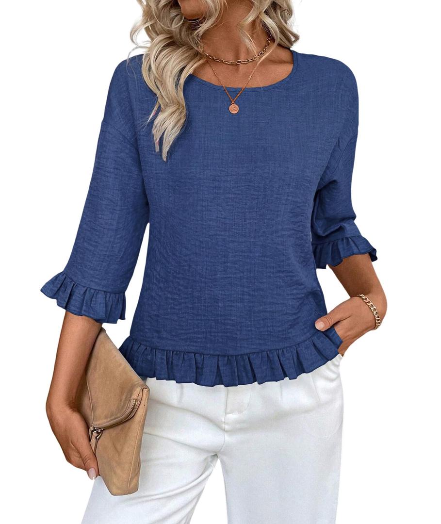 Urchics Womens Ruffle 3/4 Sleeve Tops Casual Linen Blouses Crew Neck Drop Shoulder Dressy Shirts Fall Outfits Gem Blue L (L)