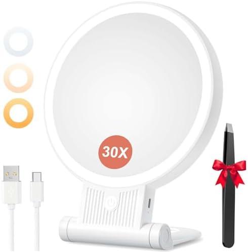 Auxmir 1X/30X Magnifying Mirror with Light, Double Sided Makeup Mirror with Adjustable Folding Handle, Lighted Vanity Mirror with Tweezer, Portable Tabletop Mirror for Travel Home