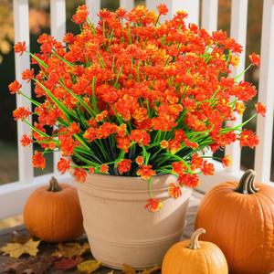 AGIRL 24 Bundles Artificial Fall Flowers Outdoor Indoor Decoration,Fake Plastic Flowers,Faux Mums Plant for Thanksgiving Fall Decor,for Hanging Outside Garden Front Door Porch Patio Window Box (Orange Red)