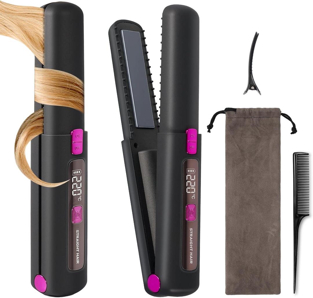 Cordless Hair Straightener, 2 in 1 Ceramic Flat Iron and Curler with Hairpin, 6 Levels of Temperature Adjustment, 4500mAh Battery, Type-C Charging, Portable Hair Straightener for Travel (Black)