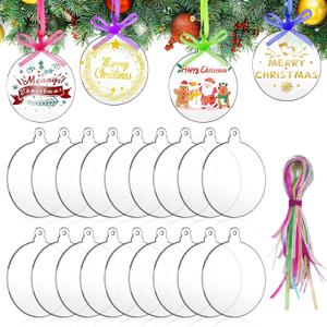 SANNIX 60Pcs 3 Inch Acrylic Ornament Blanks Clear Round Acrylic Christmas Ornament Blank with 70Pcs Ribbons Acrylic Disc Blanks for DIY Craft Christmas Tree Hanging Ornaments Xmas Party Decorations