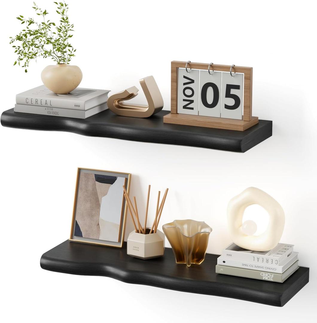 Floating Shelves for Wall Rustic Farmhouse 24 Inch Floating Shelf Bathroom Wooden Shelves for Wall Mounted Live Edge Pine Shelf with Unique Natural Grain for Living Room Bedroom Kitchen (Black)