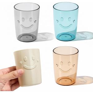 4Pcs Bathroom Tumbler Toothbrush Cups, Smiley Unbreakable Toothbrush Holders, Reusable Drinking Cups Plastic Mouthwash Cup Bathroom Brushing Cup 300ml (4 Colors), Beige, Blue, Gray, Brown