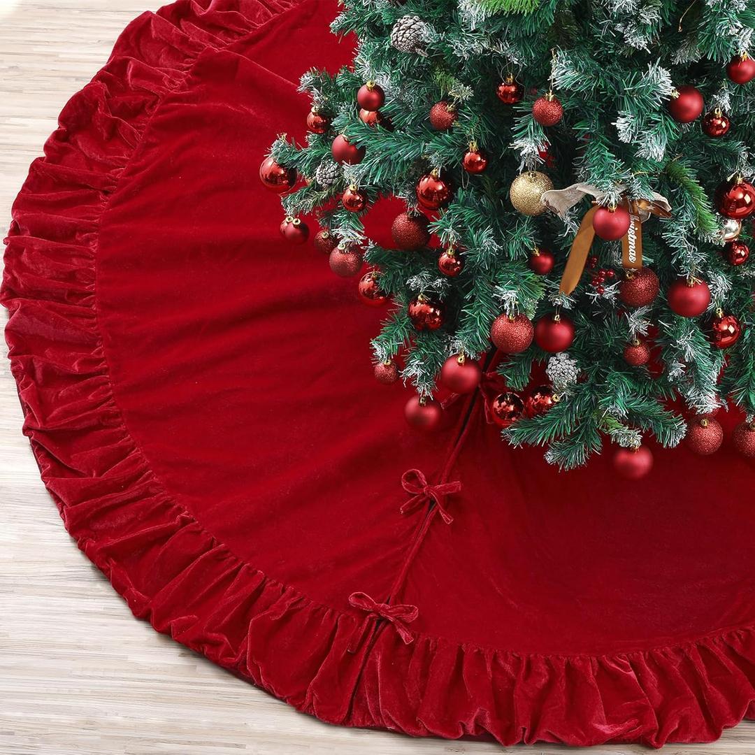 84inch Extra Large Ruffled Christmas Tree Skirt Red Luxury Velvet Tree Skirts with Ruffle Border Plush Xmas Trees Mat with Lace Ties for Indoor Outdoor Home Christmas Winter Holiday Party Decorations