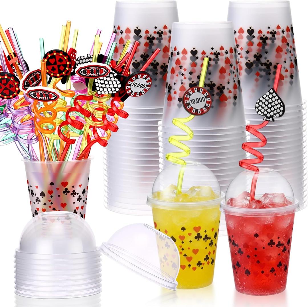 32 Set Casino Party Plastic Cups with Lids and Straws, 12 oz Frosted Drinking Poker Cups Bulk Las Vegas Tailgate Decorations for Casino Night Las Vegas Poker Game Party Supplies