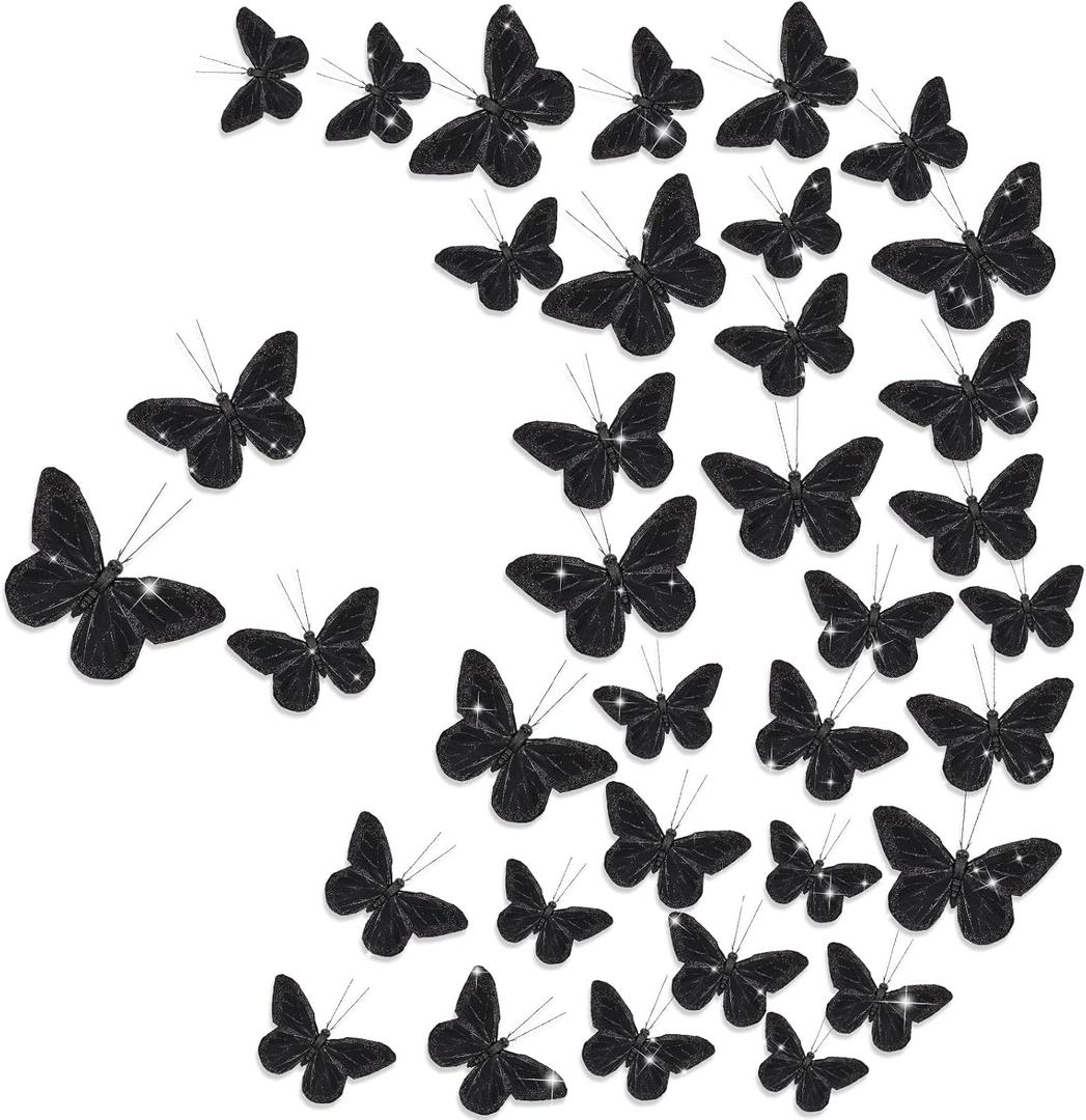 Chuangdi Feather Butterfly Decorations 36 Pcs Black 3size Monarch Wall & Party Decor for Wedding, DIY Crafts Lightweight Artificial Feather Butterflies for Home Indoor Outdoor