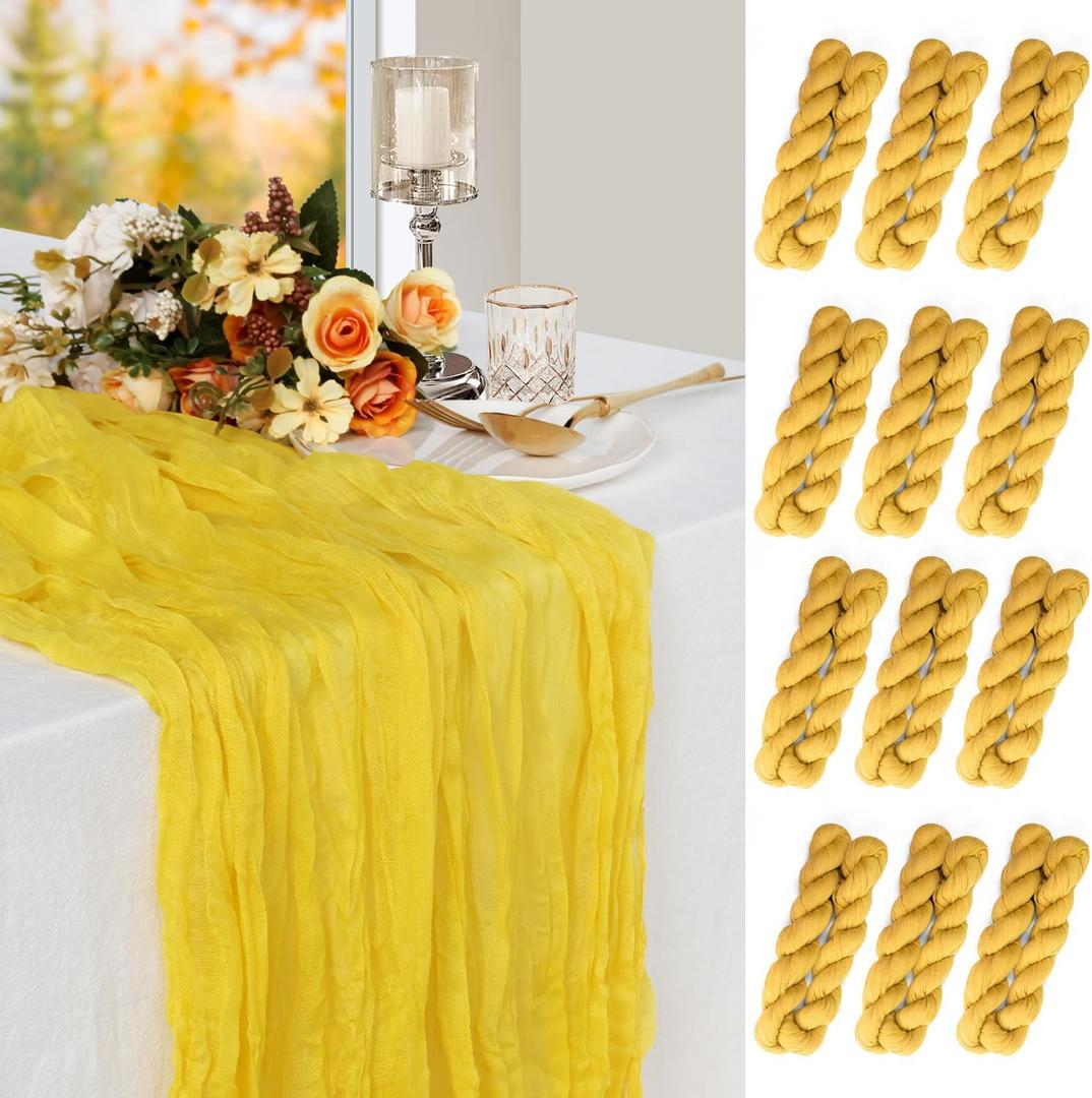12 Pack Yellow Cheesecloth Table Runner 10 ft, Long Boho Gauze Table Runner, Rustic Cheese Cloth Table Runner for Wedding, Dinner, Baby Shower(Yellow 30#-12p)