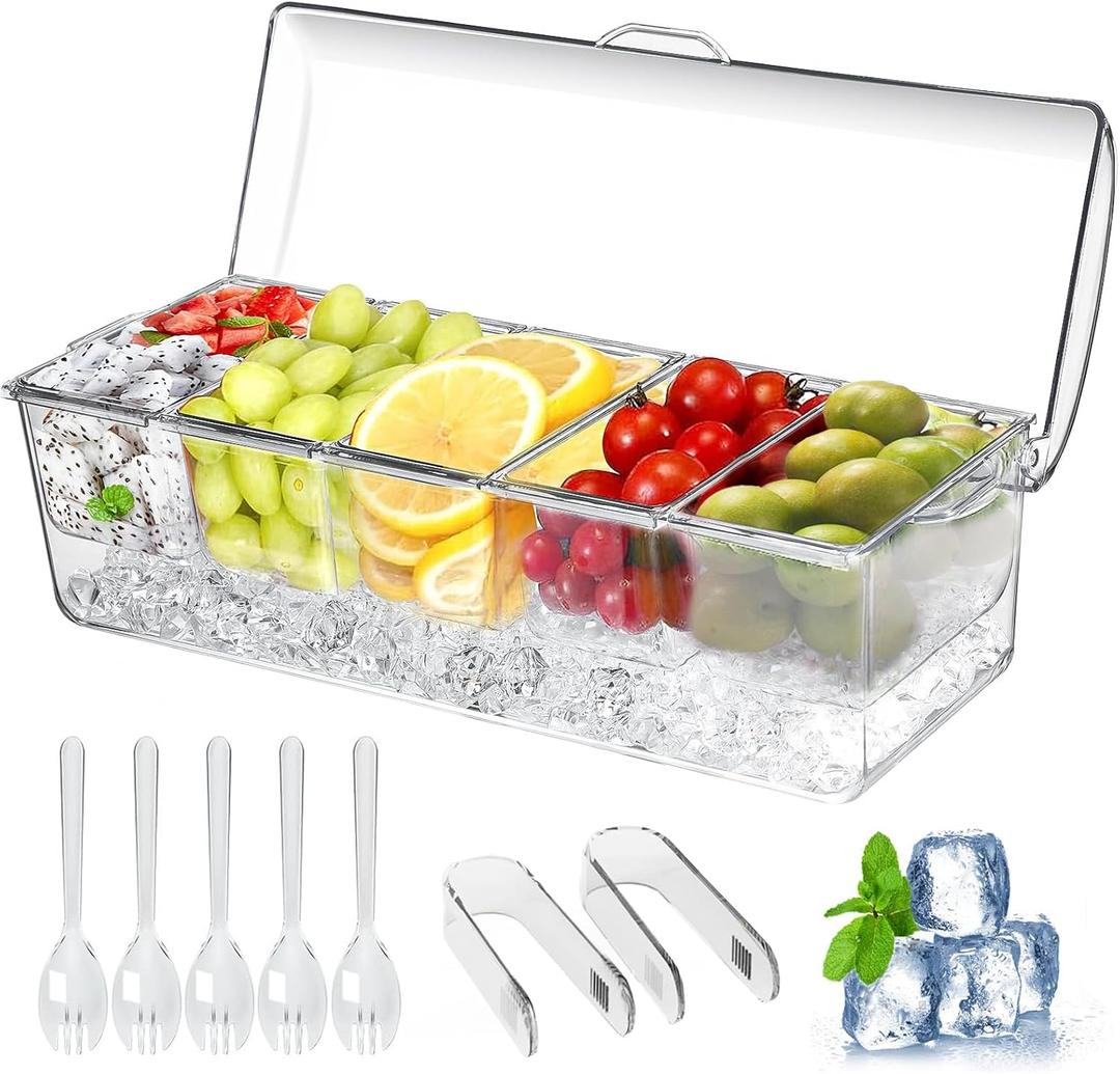 Large Ice Chilled Condiment CaddyChilled Condiment Containers Server with Lids for 5 Removable Compartments (2.5 cup)Serving Platters, Fruit & Garnish Tray for Party Supplies & Bar Accessories