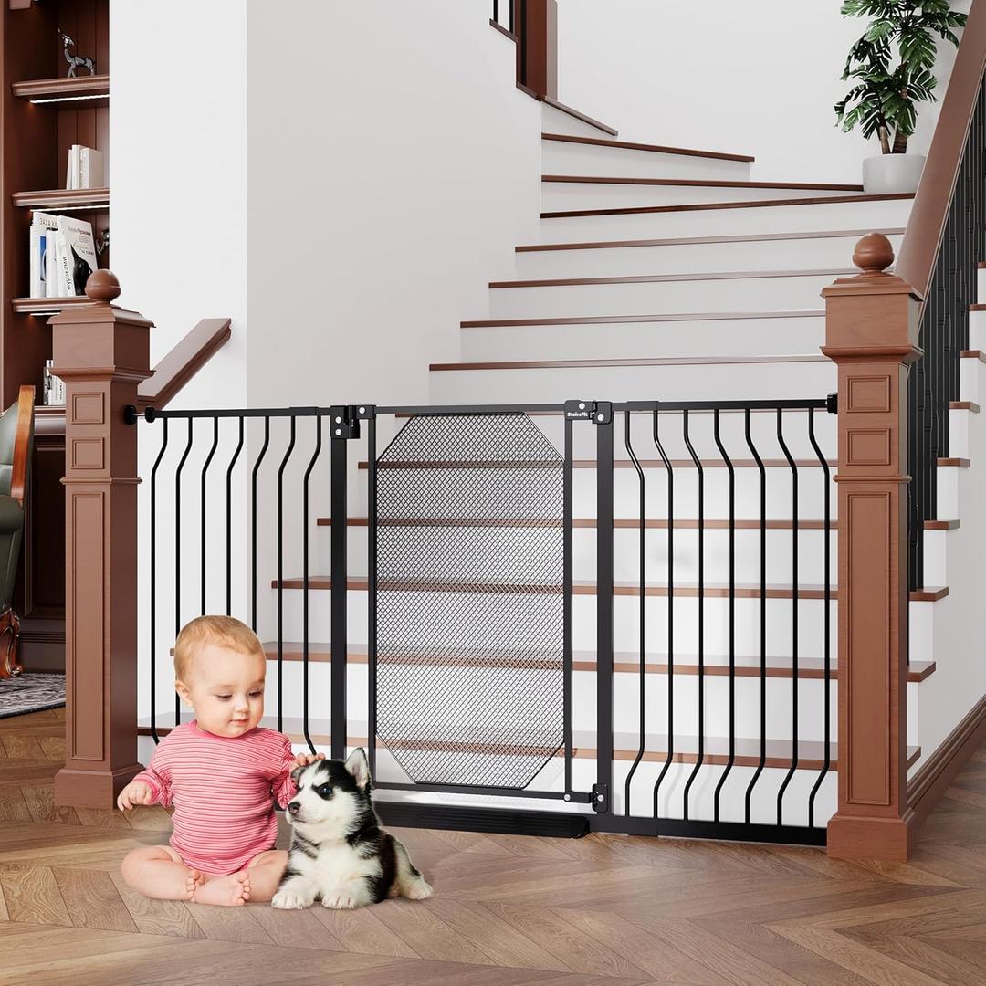 29.5"-60.5" Extra Wide Metal Mesh Baby Gate for Stairs & Doorways - Auto Close, Pressure Mounted 30.5" Tall, Easy Install, No Drilling - Child Satety Gate for Babies, Pet Gate for Dogs, Black
