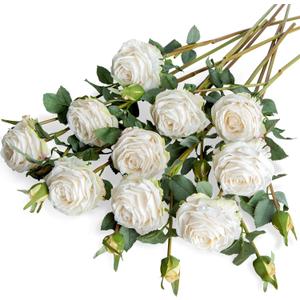 XONOR Artificial Rose Flowers Realistic Silk Burnt Edge Vintage Rose with Long Stem for Home Bridal Wedding Party Floral Bouquets Decoration (10Pcs, White)