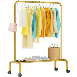 Rolling Clothing Racks for Hanging Clothes, Garment Rack for Clothes to Hang, Metal Portable Wardrobe Rack for Coats, Jackets, Shirts, Dress, Warm Gold