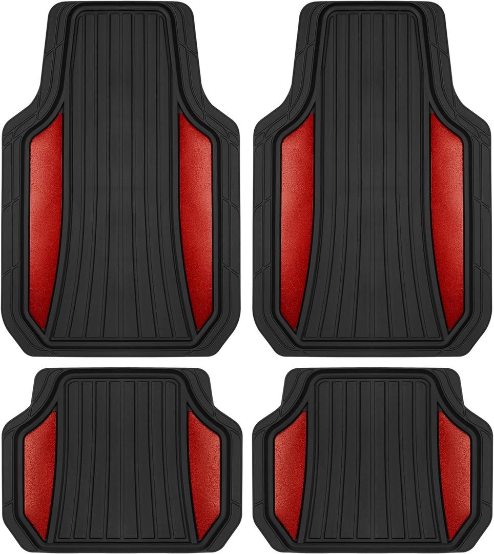 Motor Trend ChromeTech Car Floor Mats Full Set - Durable Rubber Floor Mats for Cars with Two Tone Accent, All Weather Interior Protection for Front and Rear with Non-Slip Backing, Red Chrome