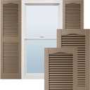 12"W x 34"H Lifetime Vinyl, Tailormade Cathedral Top Center Mullion, Open Louver Shutters, w/Shutter-Looks (Per Pair), 385 - French Roast