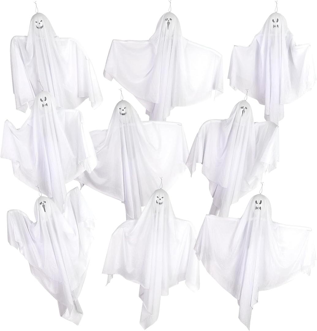 9 Pack Halloween Hanging Ghosts, 27.6 Inch Flying Ghost for Halloween Outdoor Decorations Front Yard Porch Patio Lawn Garden Trees Party Dcor and Holiday Decorations