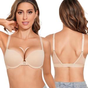 Push Up Front Closure Bras for Women Padded Add 2 Cups Plunge T-Shirt Everyday Bra Underwire Beige 44A