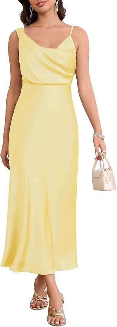 Women's Summer Satin Dress Elegant Cowl Neck Adjustable Spaghetti Strap Wedding Guest Cocktail Party Maxi Dresses