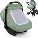 Muslin Baby Car Seat Cover for Boys Girls, 3 Layer Infant Carseat Canopy with Breathable Mesh Peep Window, Summer Lightweight Sunshade Carrier Cover for Newborn, Green