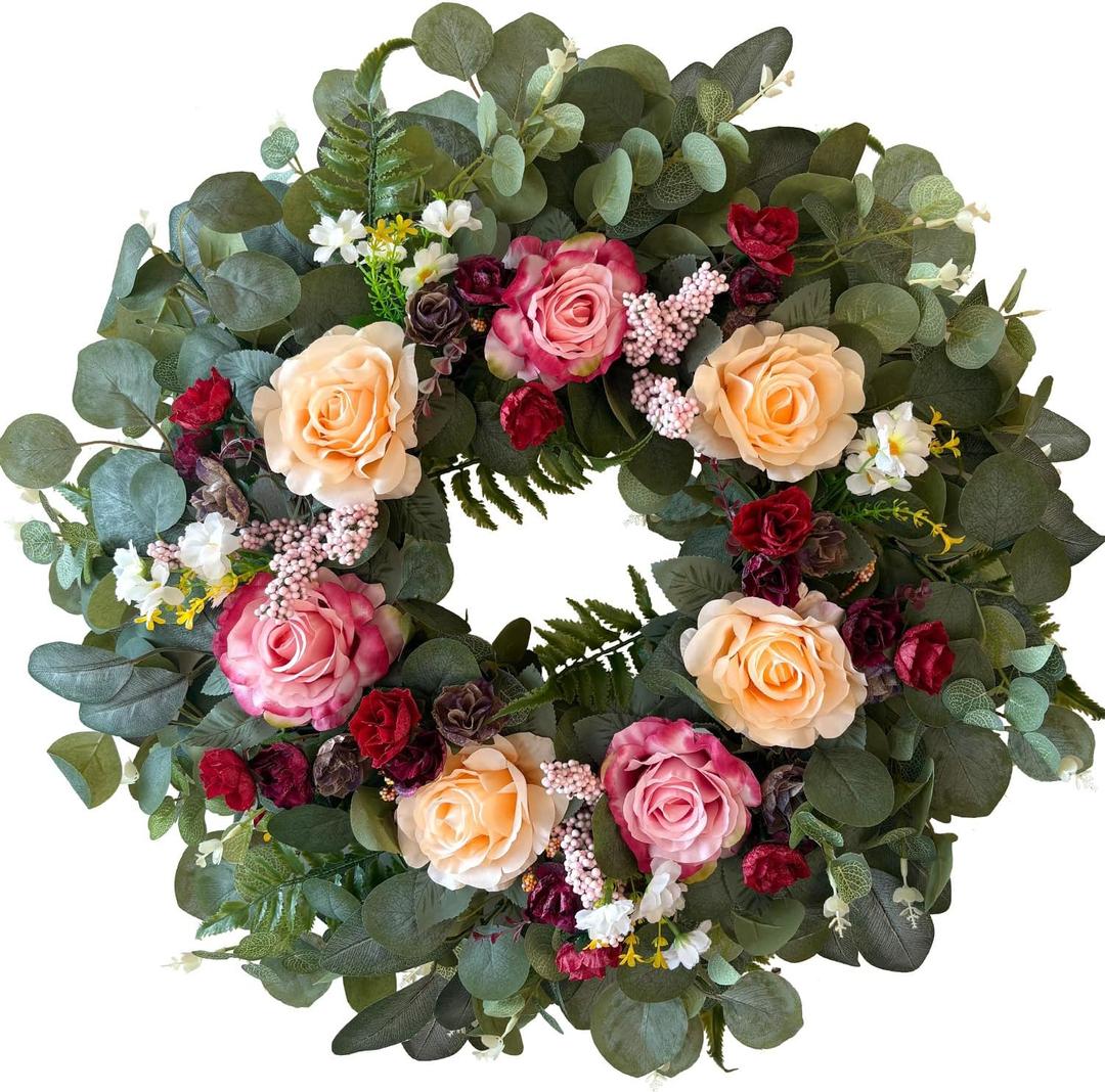 WANNA-CUL 24 Inch Spring Valentines Day Wreaths for Front Door,Spring Mothers Day Wreath Gifts Decorations with Pink,Champagne, Burgundy Rose and Eucalyptus Leaves for Wedding or Indoor&Outdoor Decor (07-Red Rose)