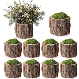 8 Set Wooden Vase for Centerpieces Wedding Flower Table Centerpieces Decor Rustic Bark Stump Bucket Farmhouse Wood Planter Pot for Woodland Party Window Home (Fake Green Moss,Large)