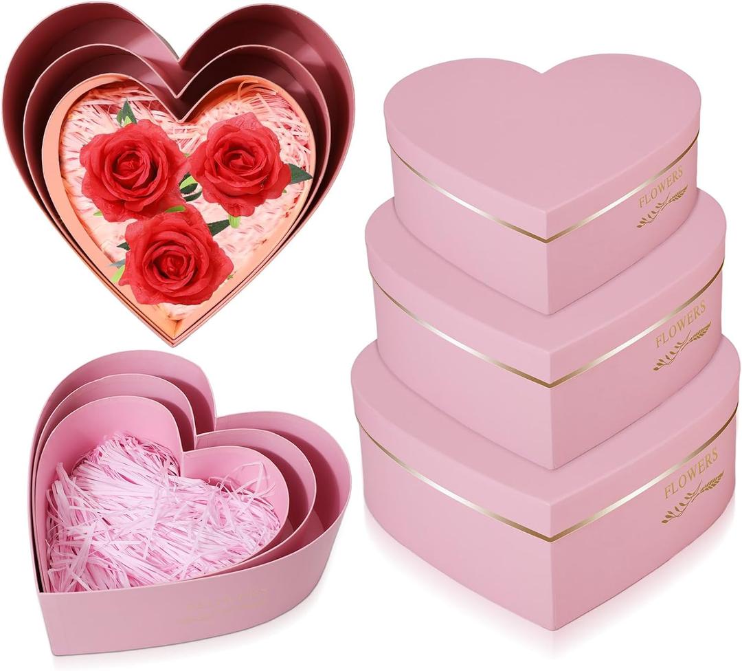 Glenmal 3 Pcs Mother's Day Heart Shaped Gift Boxes with Lids 100g Shredded Paper Fill Nesting Heart Flower Boxes for Wedding Birthday Baby Showers Present Packaging(Pink)