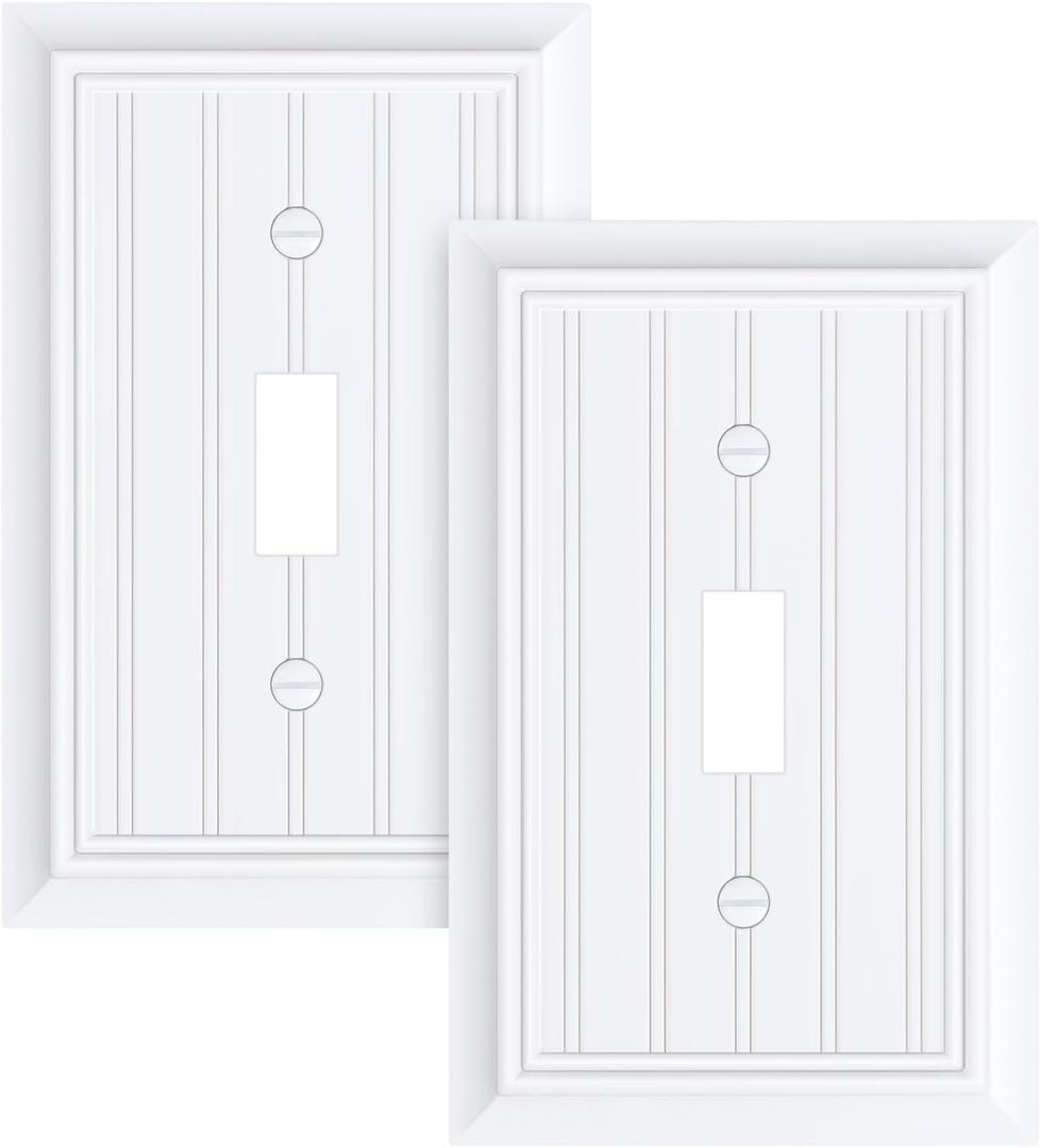 2-Pack Classic Beadboard Single Toggle Light Switch Cover Plate, Durable Natural Bamboo Fiber Decorative Switch Plate Covers, Pure White 1 Gang Wall Plate