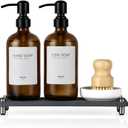2 Pack Kitchen Soap Dispenser Set - 16oz Amber Glass Dish and Hand Soap Dispenser with Stainless Steel Pump, Instant Dry Tray, Dish Brush & Holder, Refillable Countertop Sink Decor for Kitchen & Bath