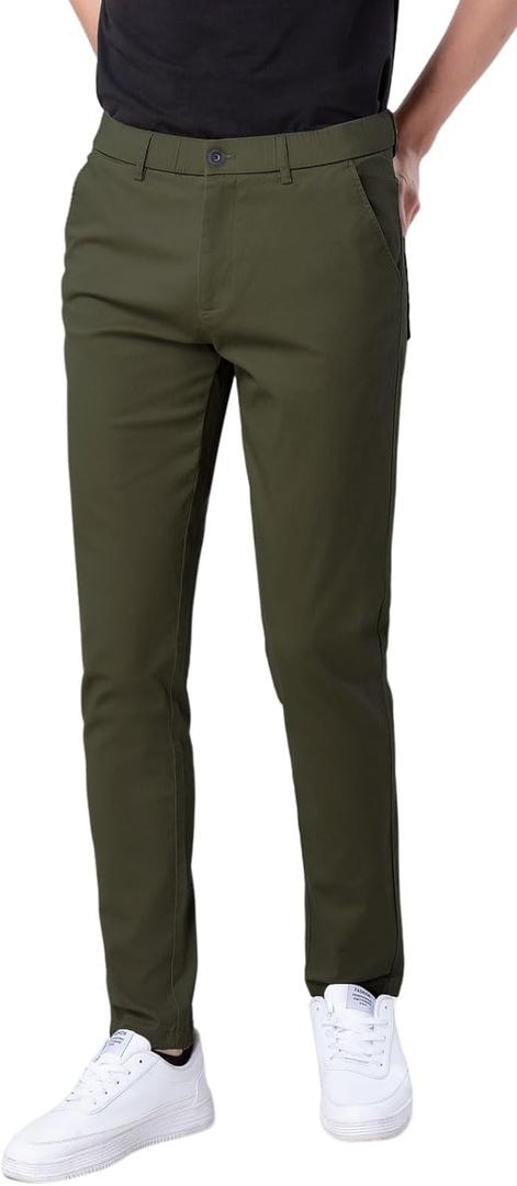 Plaid&Plain Men's Skinny Stretchy Khaki Pants Colored Pants Slim Fit Slacks Tapered Trousers (36W x 28L, Olive)