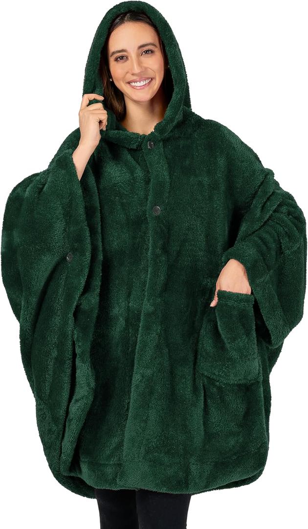 PAVILIA Angel Wrap Hooded Blanket Poncho, Wearable Blanket Throw Wrap Poncho for Women Adult, Cozy Fluffy Sherpa Shawl Cape (Emerald Green)