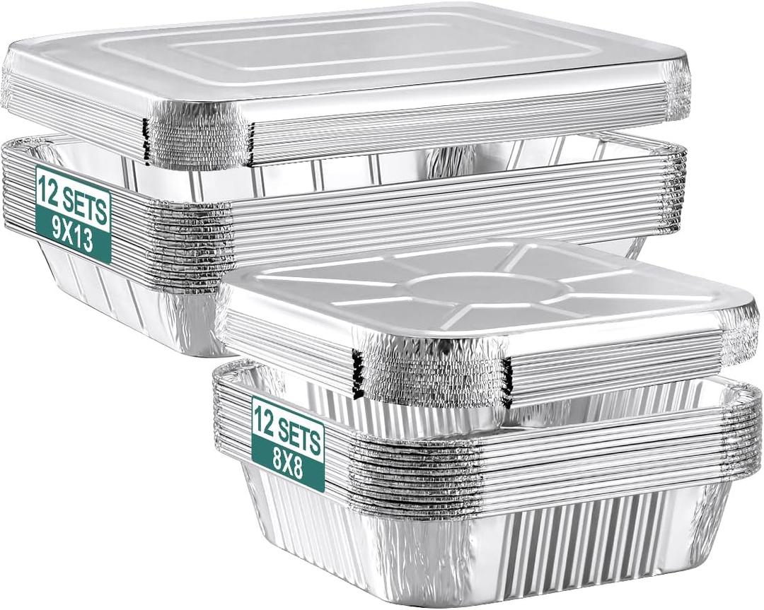 24 Pack Disposable Aluminum Pans with Lids Combo Set- 12 Large 9x13 Foil Pans Half Size & 12 Small 8x8 Tin Foil Baking Pans, Tin Trays Containers for Meal Prep, Food Cooking, Roasting, Heating