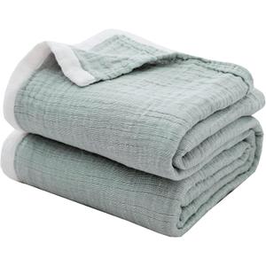 SE SOFTEXLY Cotton Muslin Blankets 4-Layer Linen Texture Blankets for Bed Couch,Thermal Blanket for Adults Lightweight Soft Breathable Throw Blanket for All Season Gauze Blanket(50"x60",Sage Green)