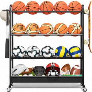 Adjustable Basketball Rack with Wheels, 4-Tier Sports Ball Storage Cart for Basketball Football Volleyball Soccer & More, Holds up to 20 Balls