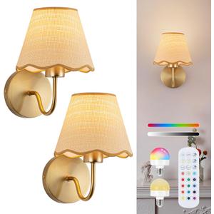 ADISUN Battery Operated Wall Sconce Set of 2, Gold Wall Lamps Rechargeable Bulbs for Living Room, Rattan Shade Wireless Wall Lights for Bedroom Living Room Hallway Kitchen