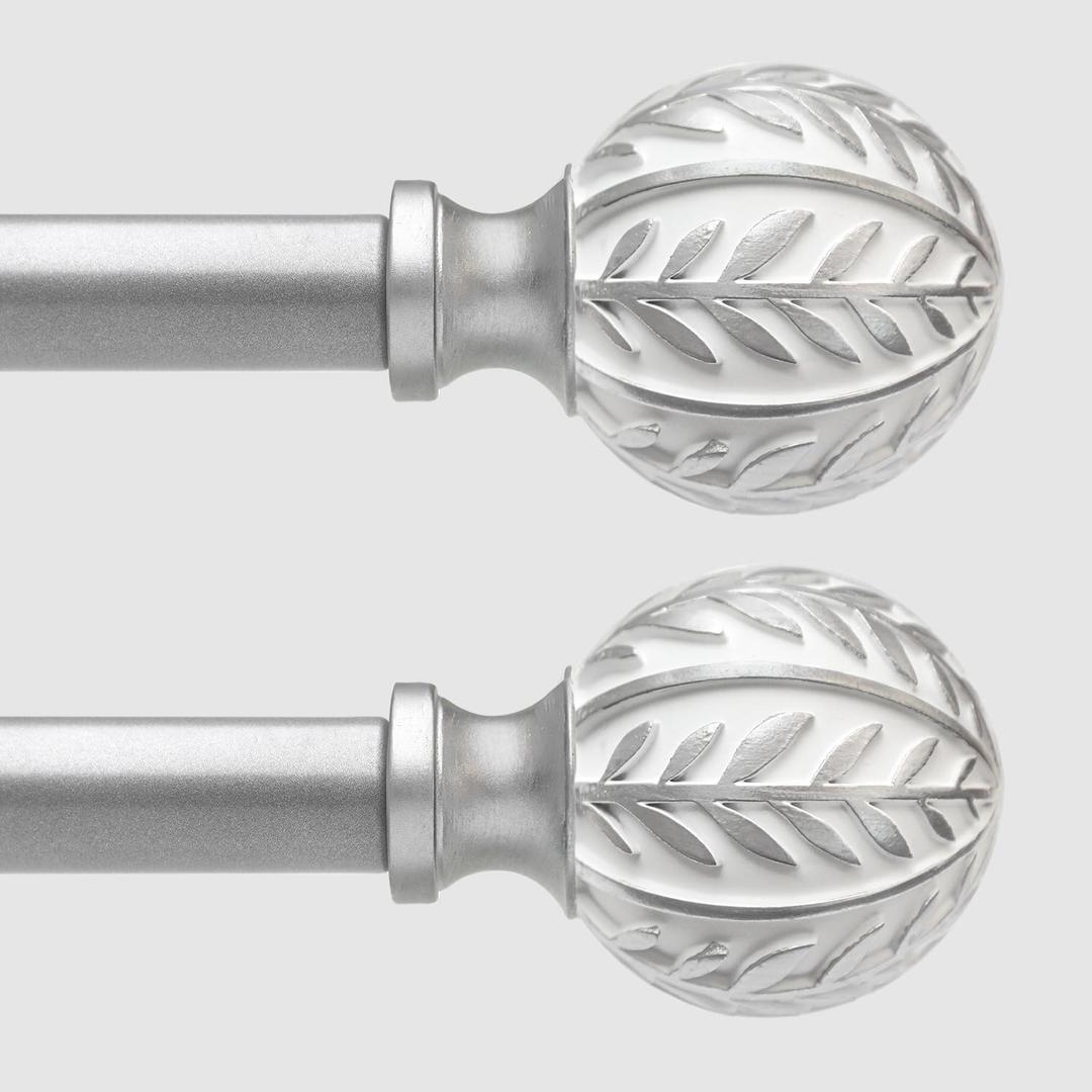 QDWIS 2 Pack Silver Curtain Rods for Windows 28 to 48 inch,1" Adjustable Heavy Duty Window Curtain Rod with Leaf Finials,Rustic Decorative Drapery Rods Set,Size:18-60''