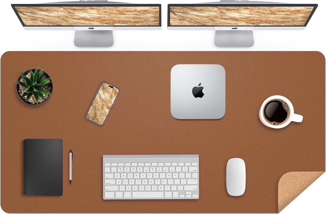 Leather Desk pad Protector, Large Desk mat with Natural Cork & PU Leather,Mouse pad,Non-Slip Office Desk Mat,Waterproof Desk Writing Pad for Office and Home (47in*23.7in, Brown), 47in*23in