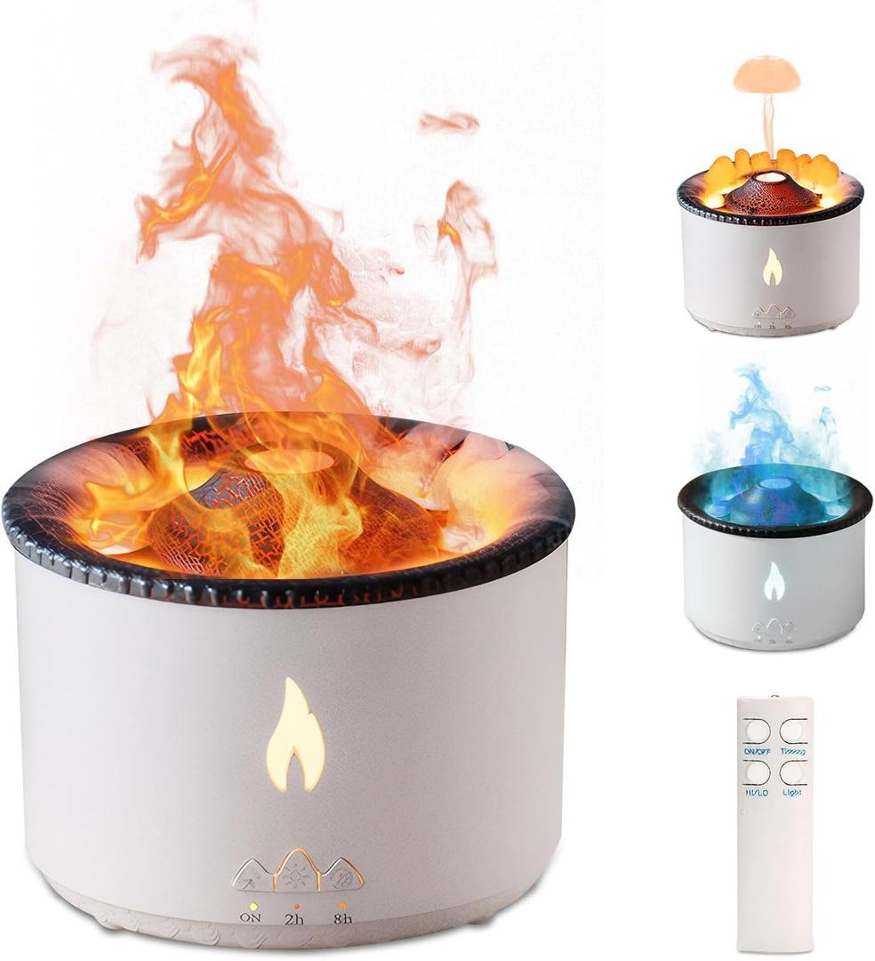 MINGPINHUIUS Volcano Humidifier Aromatherapy Essential Oil Diffuser, 2 Mist Modes: Flame and Volcano, Large Capacity with Timer Waterless Auto-Off for Home, Office, Yoga, or Gym (Red & Blue) (White-with Remote Control)