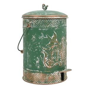 Farmhouse Garbage Can with Lid Indoor Outdoor Trash Can with Embossed Bird and Flowers PatternMetal Retro Kitchen Trash Can with Lid for Kitchen Room and Garden Decor (Green)