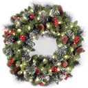 National Tree Company Pre-Lit Artificial Christmas Wreath, Green, Crestwood Spruce, White Lights, Decorated with Pine Cones, Berry Clusters, Frosted Branches, Christmas Collection, 24 Inches