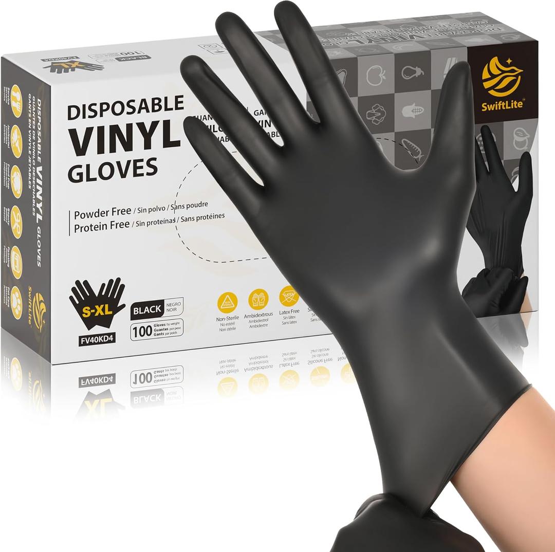 SWIFTLITE Black Vinyl Gloves, Food Grade Gloves Disposable Latex Free & Powder Free, Guantes for Cleaning Cooking Food Prep, Small