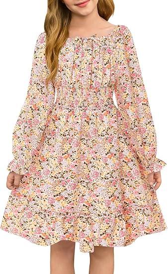 Haloumoning Girls Fall Long Sleeve Floral Dresses Kids Square Neck Smocked Holiday Party Dress 7-8 Years Red Yellow