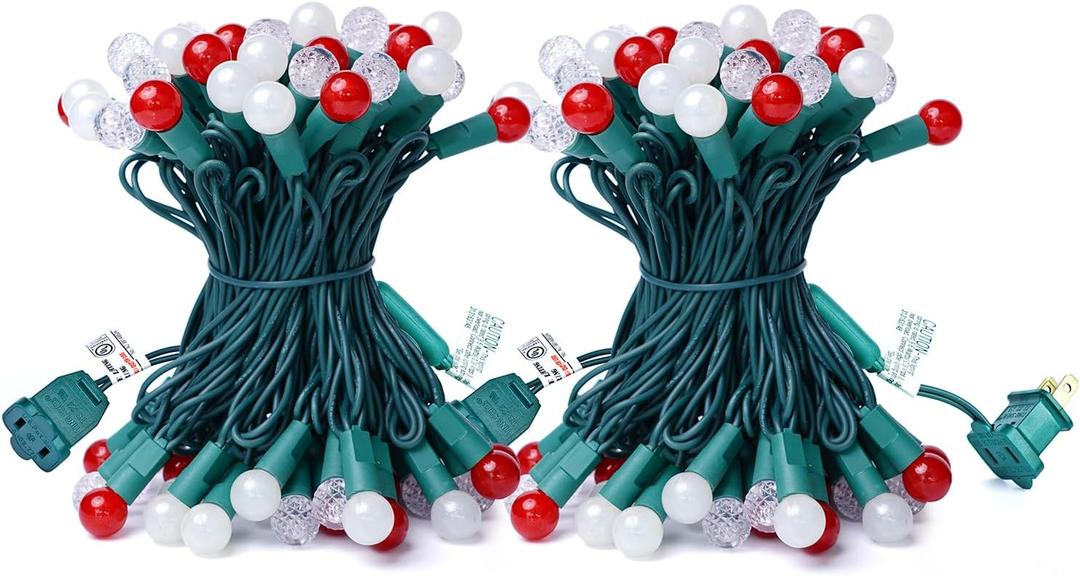 BOHON Christmas Lights 2 Pack 24FT 70 LED G15 Outdoor Christmas String Lights with Green Wire for Indoor Patio Xmas Tree Garland Decorations, Waterproof (Red and Warm White)