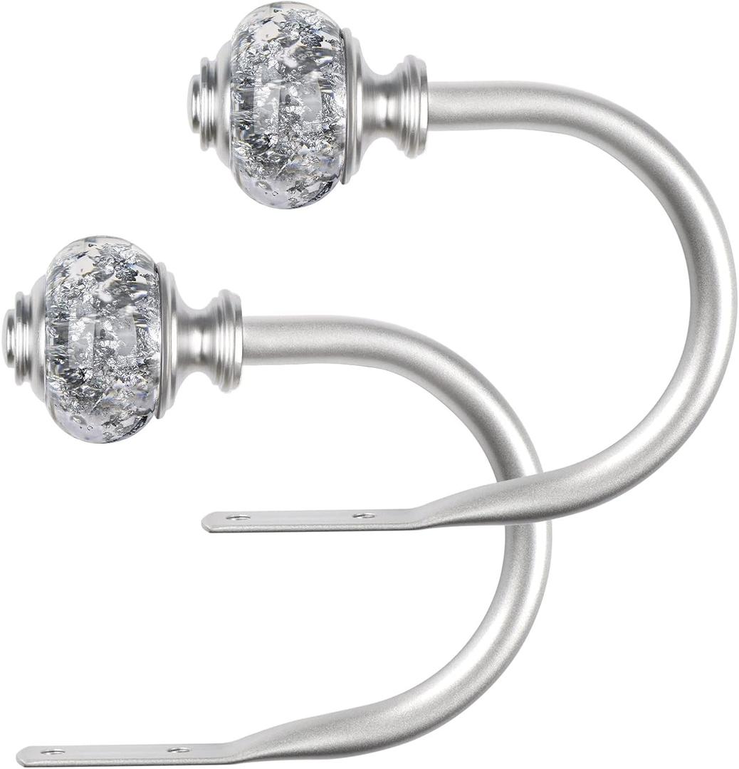 2 Pack Curtain Holdbacks, USFOOK Silver Decorative Window Drapery Tiebacks (2 Pack/1 Pair), Curtain Tie Back Hooks for Wall with Translucent Finials (3.95" L x 3.4" W)