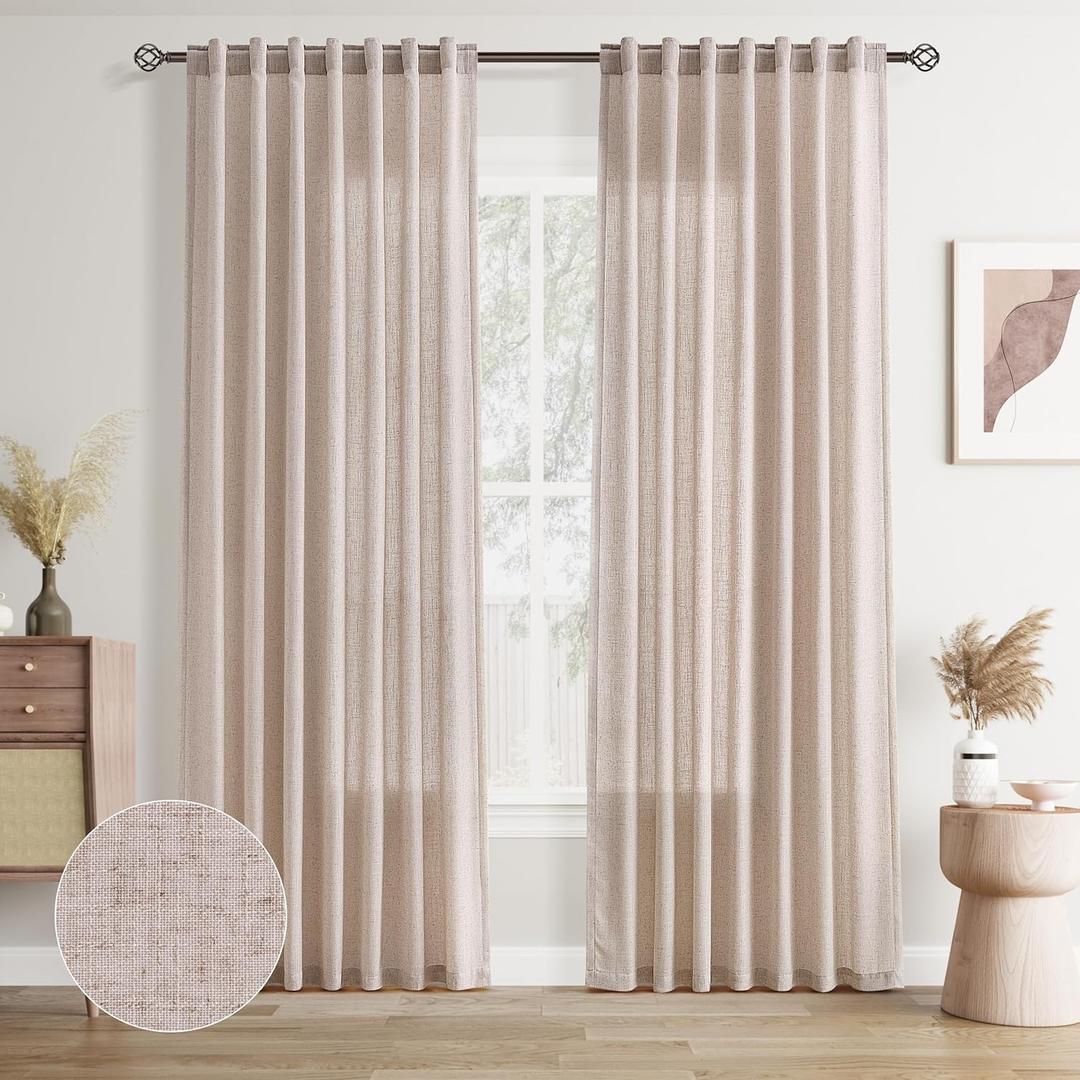 Joywell Oatmeal Back Tab Rod Pocket Linen Curtains 84 Inches Long 2 Panels for Living Room Bedroom Neutral Boho Farmhouse Rustic Light Filtering Semi Sheer Curtains Window Treatment 52"x84"