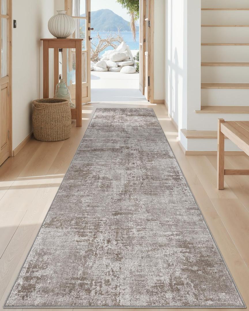 DEXI Hallway Washable Runner Rug 3x10, Modern Abstract Soft Thin Kitchen Runner with Non Slip Backing, Low Pile Entryway Floor Rug, Stain Resistant Carpet for Bedroom Living Room, Grey Brown
