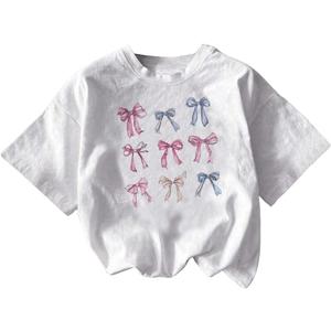 RoseSeek Girl's Graphic Tees Short Sleeve Bow Print Tee Tops Crew Neck Drop Shoulder Casual Summer T Shirts White, Size: 9Y
