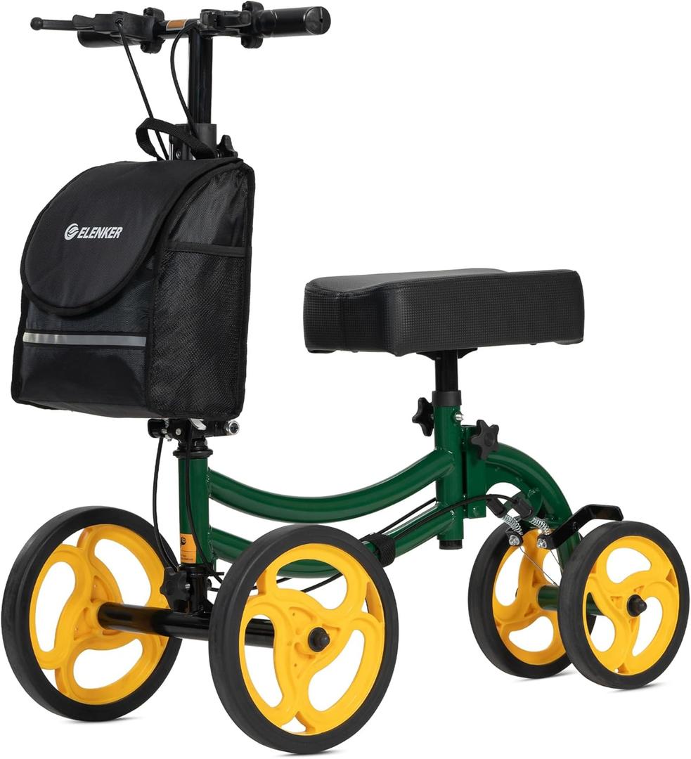 ELENKER Deluxe Steerable Knee Walker with 10" Front Wheels  Medical Scooter for Foot Injuries, Broken Ankle, Compact Crutch Alternative, Green