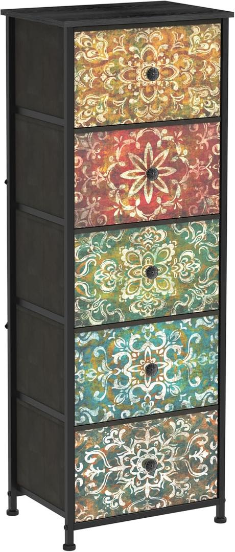 GiftGo Retro Dresser with Fabric Drawers Boho Mandala Flower Chest of Drawers Narrow Storage Tower for Small Spaces Gaps Bedroom Beautiful Nightstand Living Room Table (Mandala, 5 Drawers)