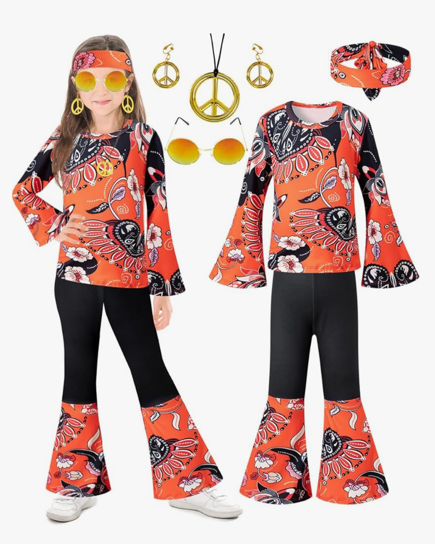 60s 70s Outfits Hippie Kid Girls Costume Set Disco Boho Flared Pants Accessories Set, 7-8Y